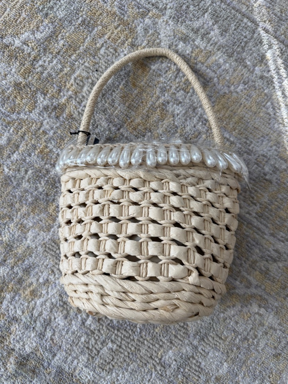 Woven Straw Handbag with Teardrop Bead Trim